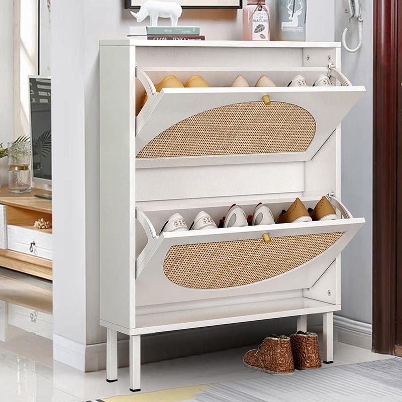 Modern Two-Door Wooden Shoe Rack Cabinet with Rattan for Hall Living Room Entry or Hotel Storage Furniture