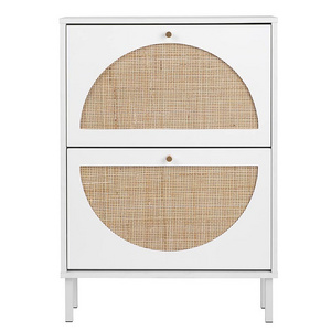 Modern Two-Door Wooden Shoe Rack Cabinet with Rattan for Hall Living Room Entry or Hotel Storage Furniture