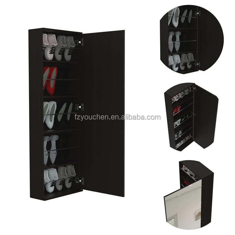 Panel Furniture KD Hotel Hallway Tall Slim Wall Hanging Shoe Rack Cabinet with Full Length Mirror