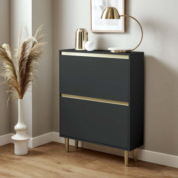 Hallway 2 Tiers Double Rack Grey Lacquer Metal Gold Base Shoe Rack Cabinet with Storage Organizer