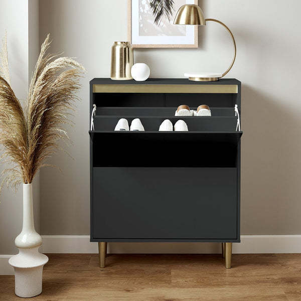 Hallway 2 Tiers Double Rack Grey Lacquer Metal Gold Base Shoe Rack Cabinet with Storage Organizer