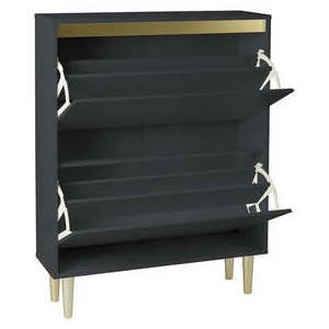 Hallway 2 Tiers Double Rack Grey Lacquer Metal Gold Base Shoe Rack Cabinet with Storage Organizer