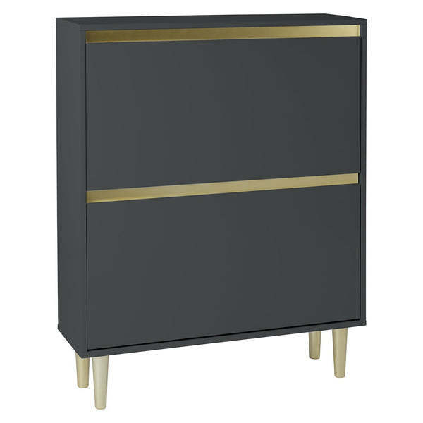 Hallway 2 Tiers Double Rack Grey Lacquer Metal Gold Base Shoe Rack Cabinet with Storage Organizer