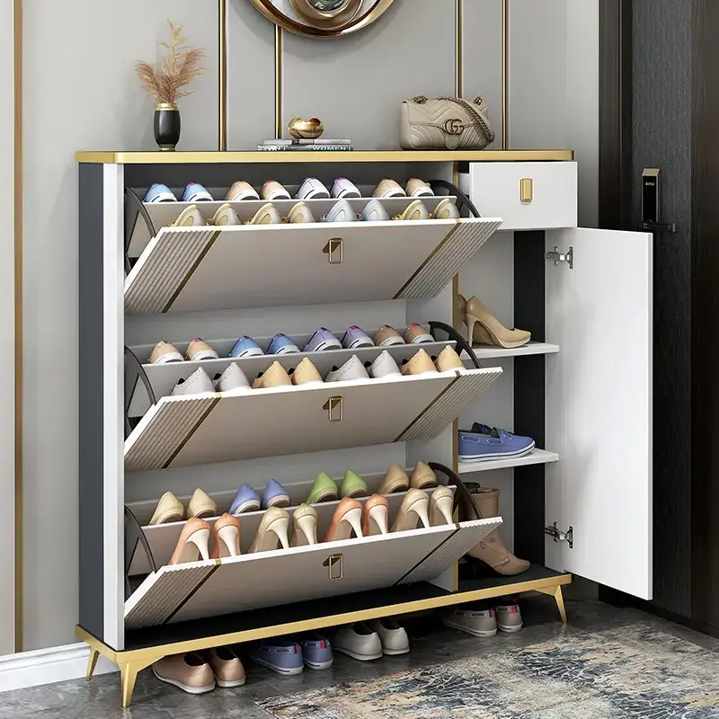 2024 Wholesale Modern Luxury Wooden Home Entrance Furniture Storage Tipping Bucket Thin Shoes Rack Cabinet for Home