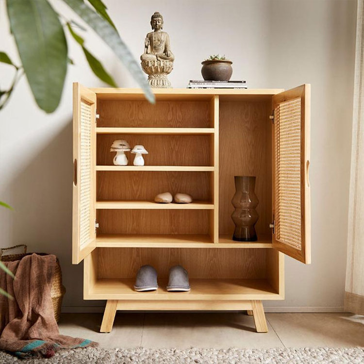 Wholesale Solid Wood Rattan Wicker Shoe Cabinet Multi-Layer Storage Cabinet for Living Room