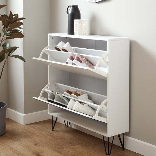 Hallway Hotel Modern 2 Tiers White Mirror Large Shoe Rack Cabinet