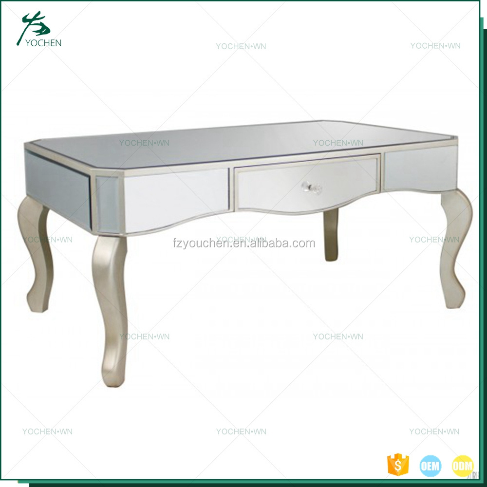 Modern Glass Mirrored Coffee Table with Diamond Crush Design Solid Wood Living Room Center Table for Home Dining Bedroom Use