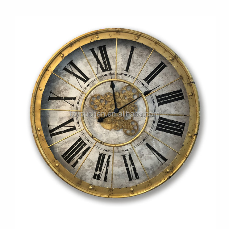 Rustic round Gold Metal Wall Clock Industrial Design Home Decorative Mechanism for Living Room