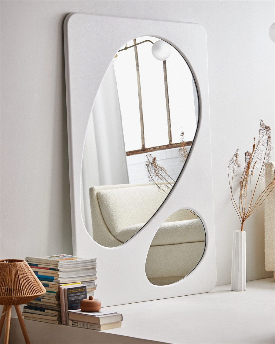 Modern Art Deco Design White Dressing Mirror Unique Large Wood Glass Floor Standing Mirror Home Decor Framed MDF Wooden Frame