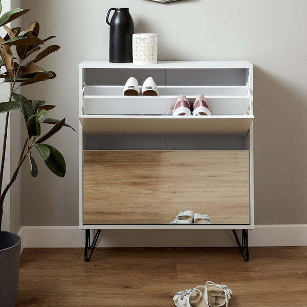 Hallway Hotel Modern 2 Tiers White Mirror Large Shoe Rack Cabinet