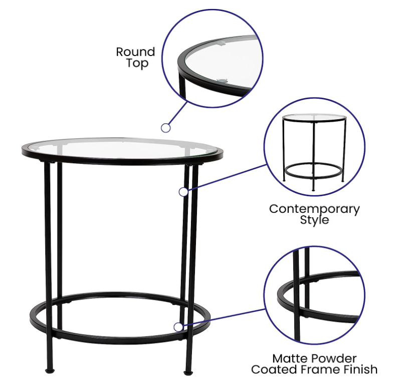 Modern round Black Glass Side Table Small Coffee Table for Home Kitchen Dining and Living Room Metal Furniture