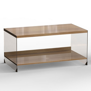 Wooden tempered glass wood center table modern glass rectangle coffee tables