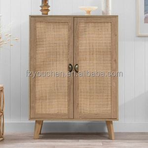 2 Doors Nordic Modern Natural Rattan Corner Storage Oak Wood Cabinets for Living Room &Kitchen Room