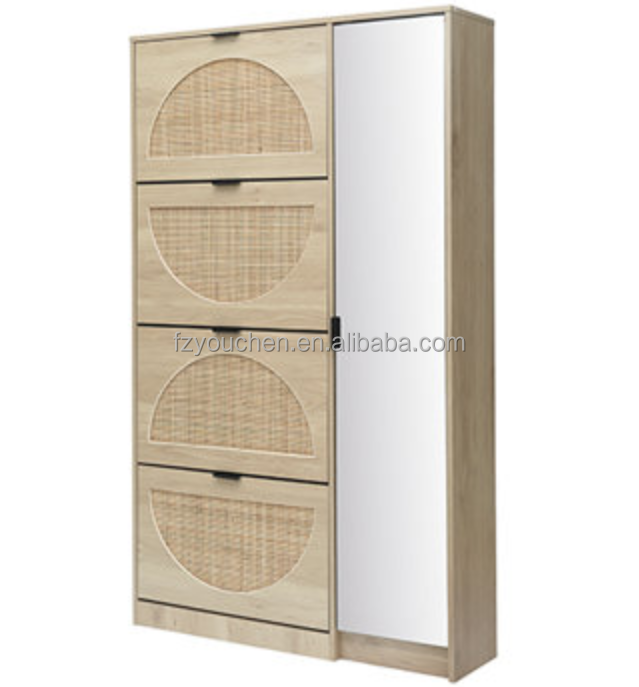 Farmhouse Natural Rattan Shoe Cabinet Wooden Storage Rack for Home Furniture for Living Room Hall Hotel Entry Mall Use