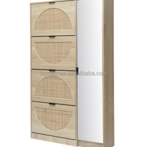 Farmhouse Natural Rattan Shoe Cabinet Wooden Storage Rack for Home Furniture for Living Room Hall Hotel Entry Mall Use