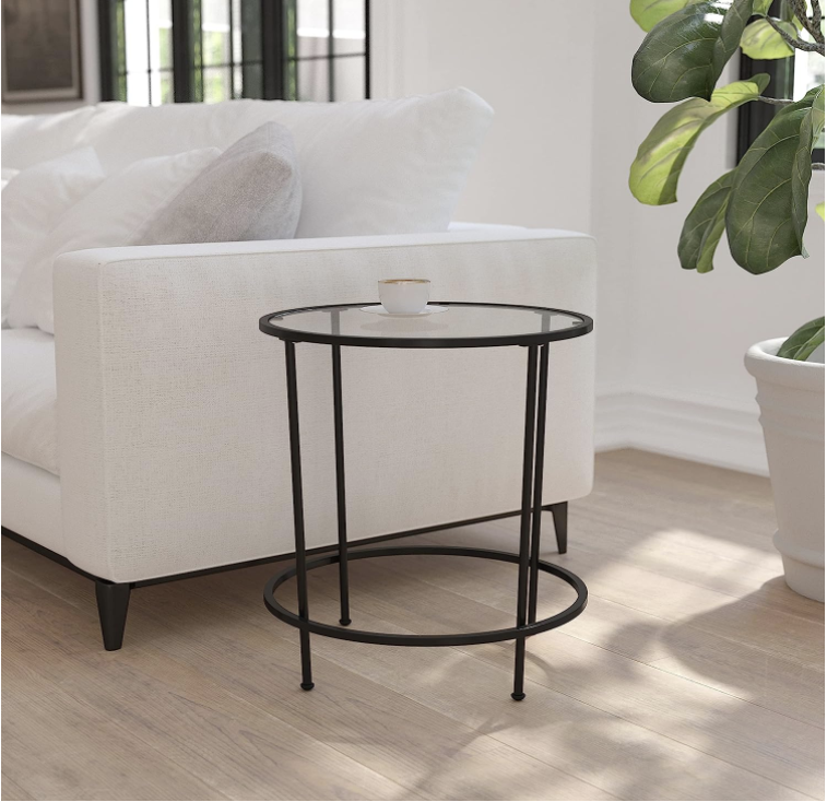 Modern round Black Glass Side Table Small Coffee Table for Home Kitchen Dining and Living Room Metal Furniture