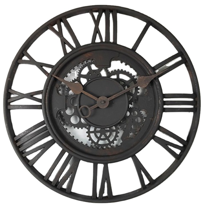 Rustic round Gold Metal Wall Clock Industrial Design Home Decorative Mechanism for Living Room