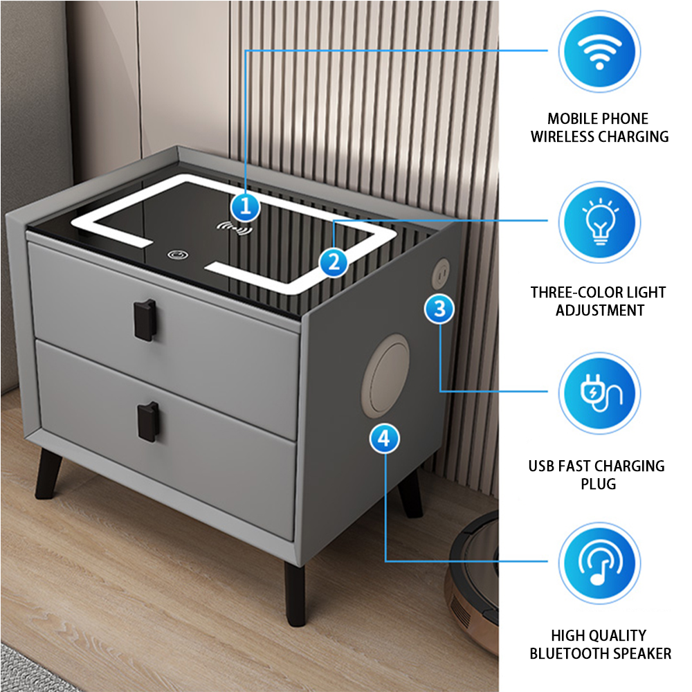 Wholesale Nightstand Led Light Dual Usb Speaker Design Fingerprint Lock Smart Wireless Charger Bedside Table Cabinet