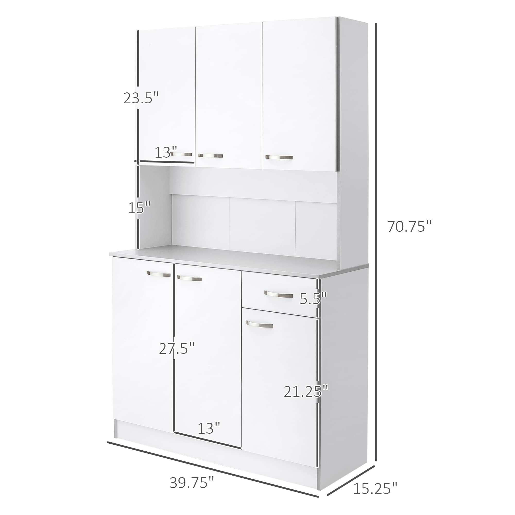 Multi-purpose 6-Door 1-Drawer White Modern Kitchen Pantry Cabinet Kitchen Cupboard Open Shelves Organizer Made of MDF Wood