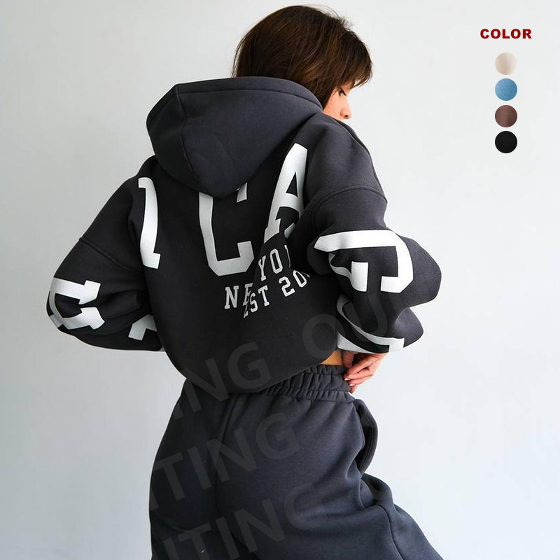 Custom Logo Y2k Hoodies And Sweat Pants Jogger Set Women Tracksuit 2 Two Piece Set Sweatpants And Puff Printing Hoodie Set