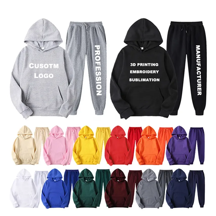 Professional Manufacture Sublimation Blanks Puff Printing Hoodie Set 100%Cotton  Custom Design Sweatpants And Hoodie