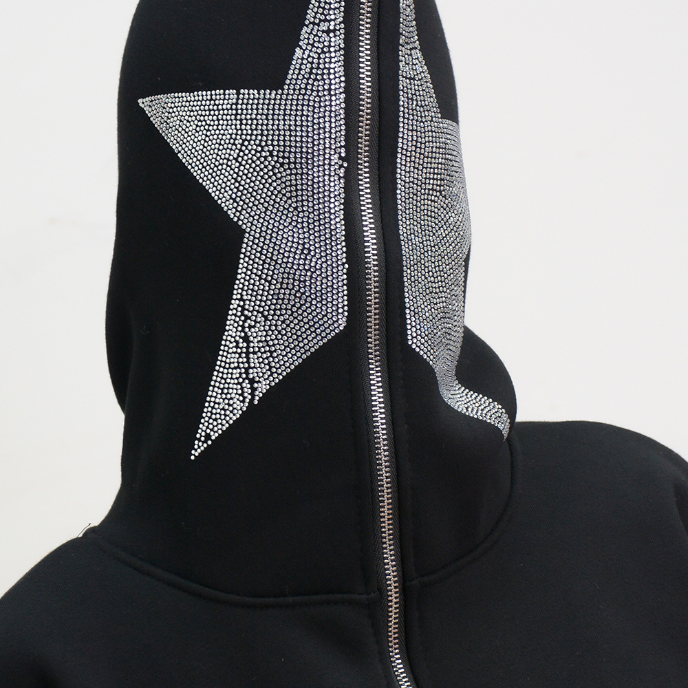 Men's Pullover Oversized Zipper Unisex Heavy Weight Y2K Black Custom Full Zip Up Blank Full Face Zip Oversized rhinestone Hoodie