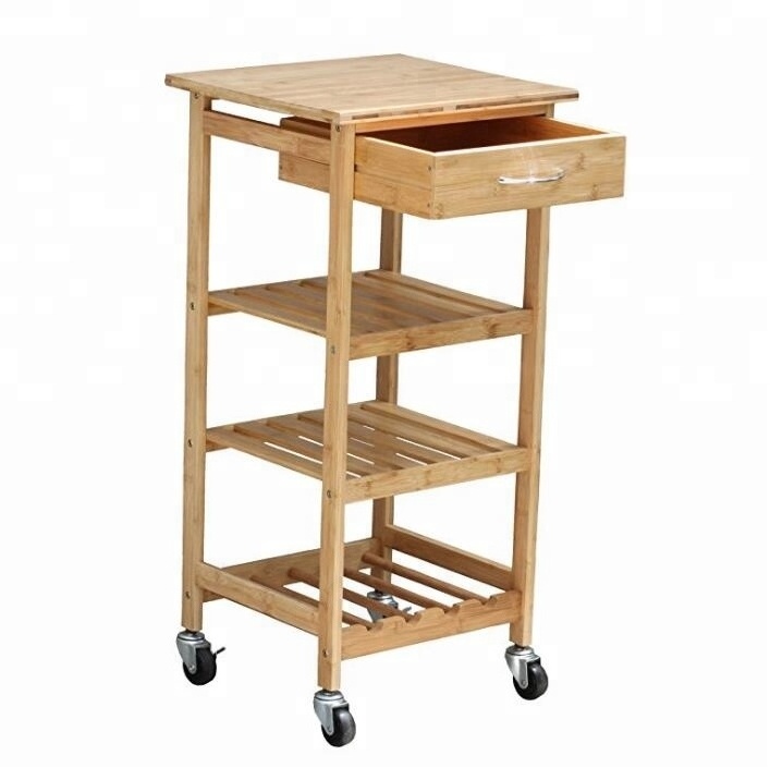 Hot Sale Bamboo Kitchen Storage Serving Trolley Island Cart with Wheels Bamboo Hand Trolley with Wheels