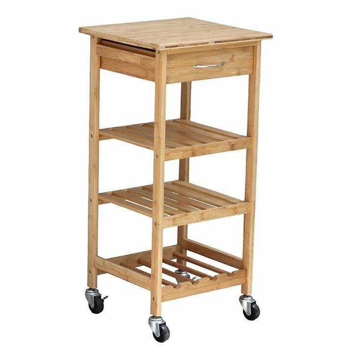 Hot Sale Bamboo Kitchen Storage Serving Trolley Island Cart with Wheels Bamboo Hand Trolley with Wheels