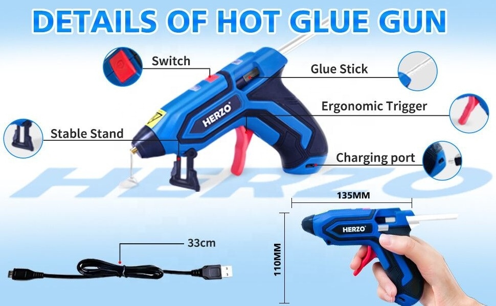 HERZO Portable 3.7V Battery Li-ion Mini Cordless Hot Melt Glue Gun With Glue Sticks