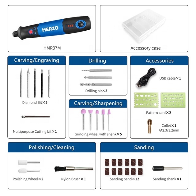 HERZO Mini Rotary Tool 3.7V Cordless Machine with USB Li-ion Battery for Grinding Engraving Nail Drill Includes Accessories