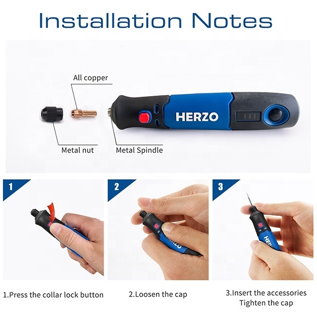 HERZO Mini Rotary Tool 3.7V Cordless Machine with USB Li-ion Battery for Grinding Engraving Nail Drill Includes Accessories