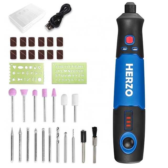 HERZO Mini Rotary Tool 3.7V Cordless Machine with USB Li-ion Battery for Grinding Engraving Nail Drill Includes Accessories