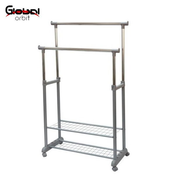 Coat Hanger Stand Storage Metal Laundry Double Clothes Rail Rack With Shelf