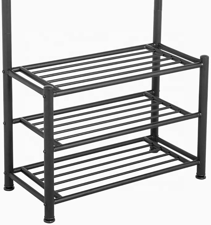 Entryway Coat Rack 3 Tier Shoe Storage Bench Metal Frame Hall Tree Clothes Rack With Shelf