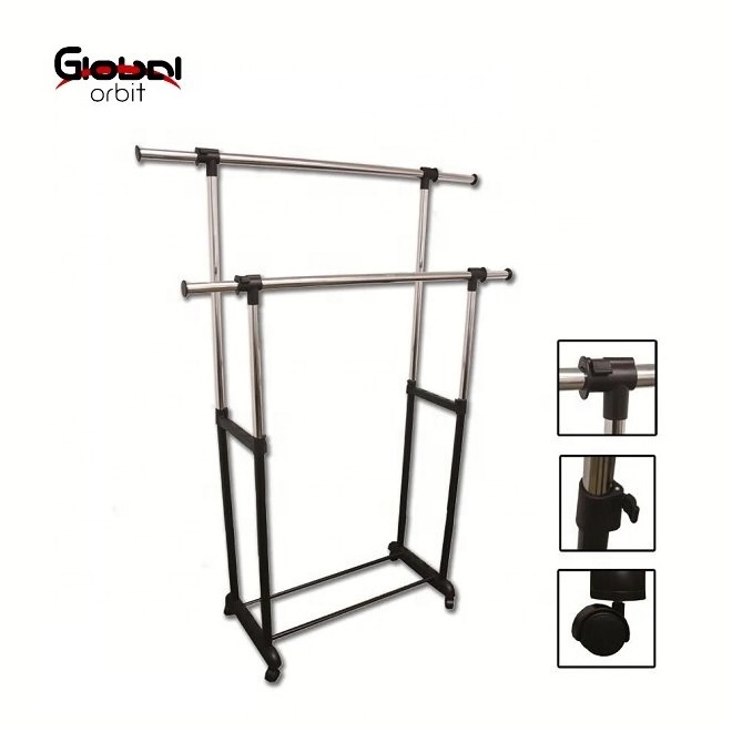 Double Rod Portable Clothing Hanging Extendable Garment Rack with Wheels