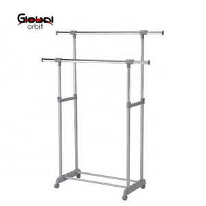 Double Rod Portable Clothing Hanging Extendable Garment Rack with Wheels