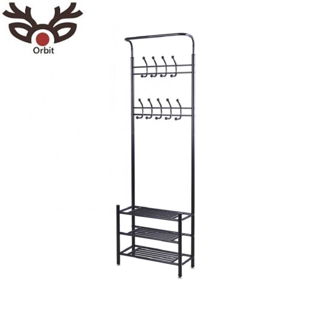 Entryway Coat Rack 3 Tier Shoe Storage Bench Metal Frame Hall Tree Clothes Rack With Shelf