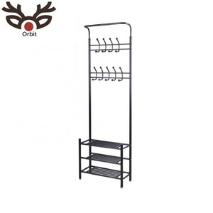 Entryway Coat Rack 3 Tier Shoe Storage Bench Metal Frame Hall Tree Clothes Rack With Shelf