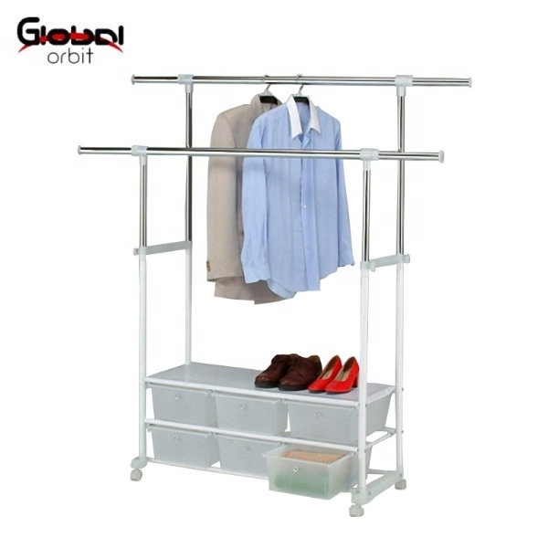 Double Garment Rack for Hanging Clothes Hanger Stand Organizer with Drawers and Shelf