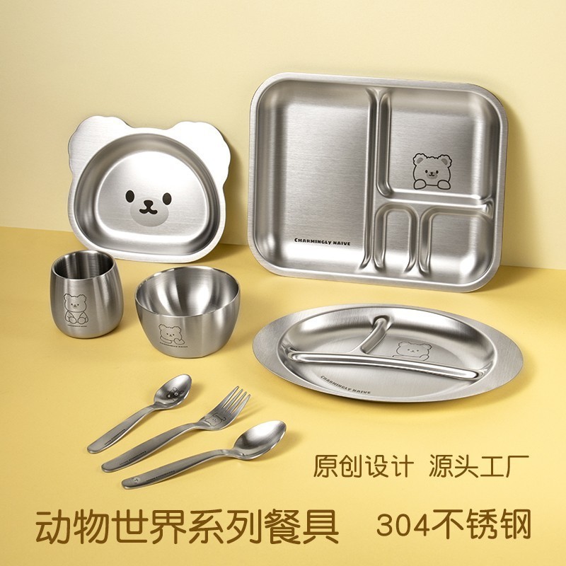 Cute Cartoon Kid Dinner Dishes  Baby Stainless Steel Divided Food Plate