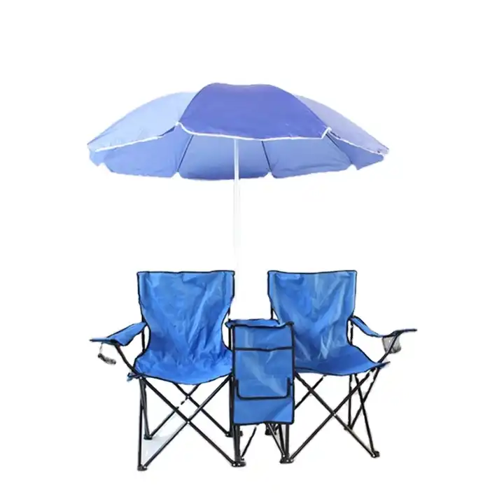 Factory Custom Oxford Fabric Folding Double Twin Seater Camping Picnic Beach Chair with Umbrella