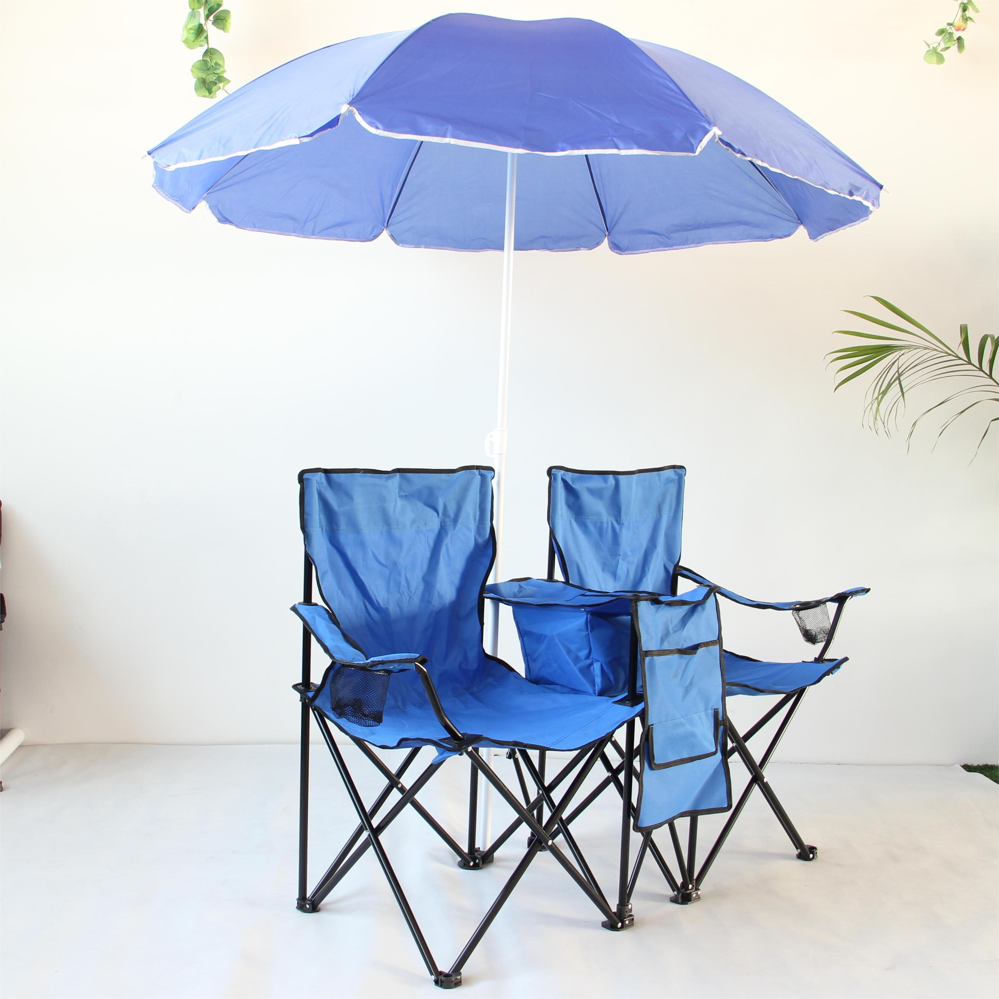 Picnic Ice Pack Double Beach Chair Outdoor with Umbrella Double Cup Holder Folding Fishing Camping Chair