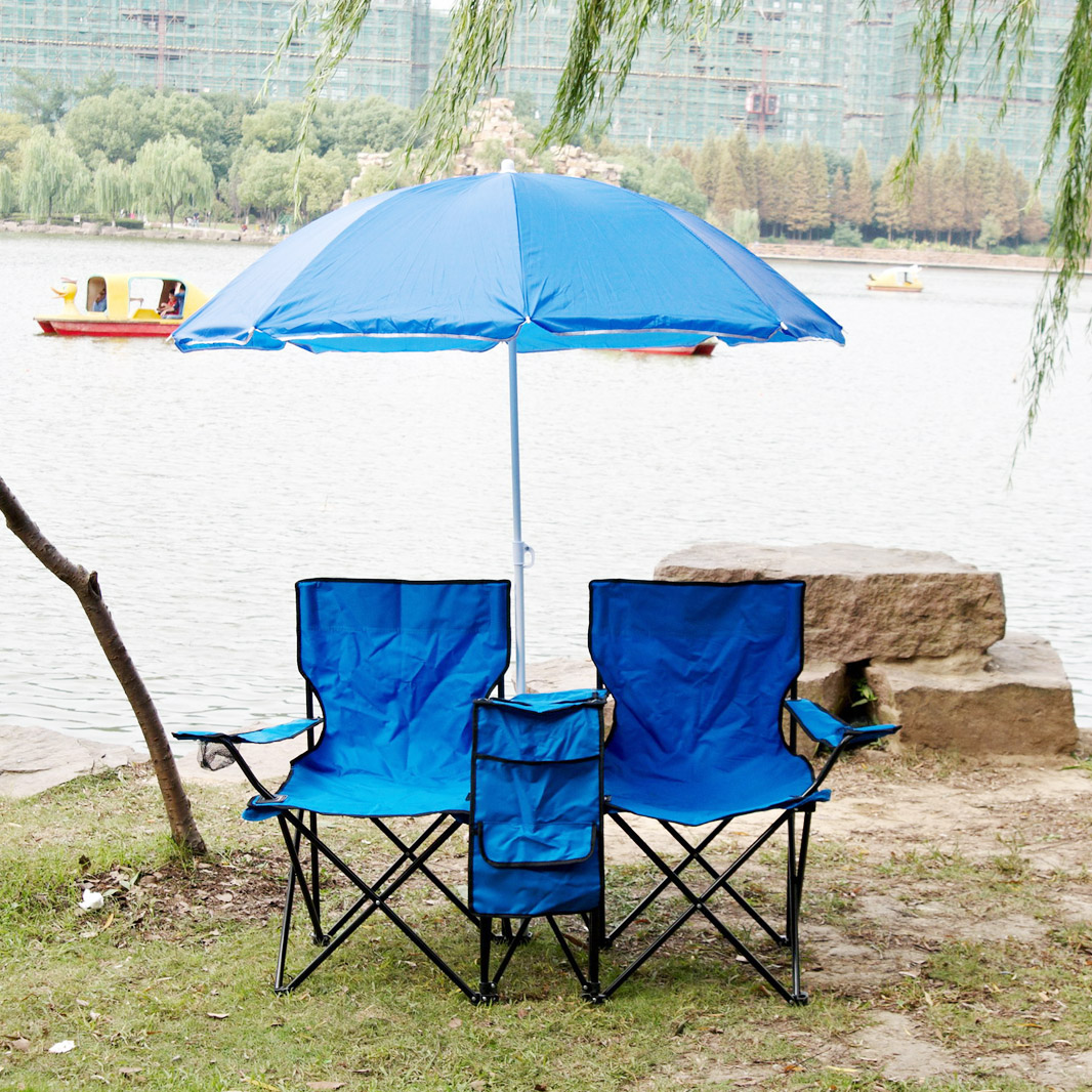 Folding Chair Outdoor Steel Tube Camping Chair With Umbrella and Cooler Bag