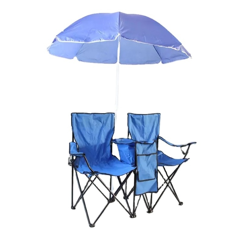 Wholesale foldable outdoor portable folding fishing cooler two-seater armrest picnic chair with sun umbrella