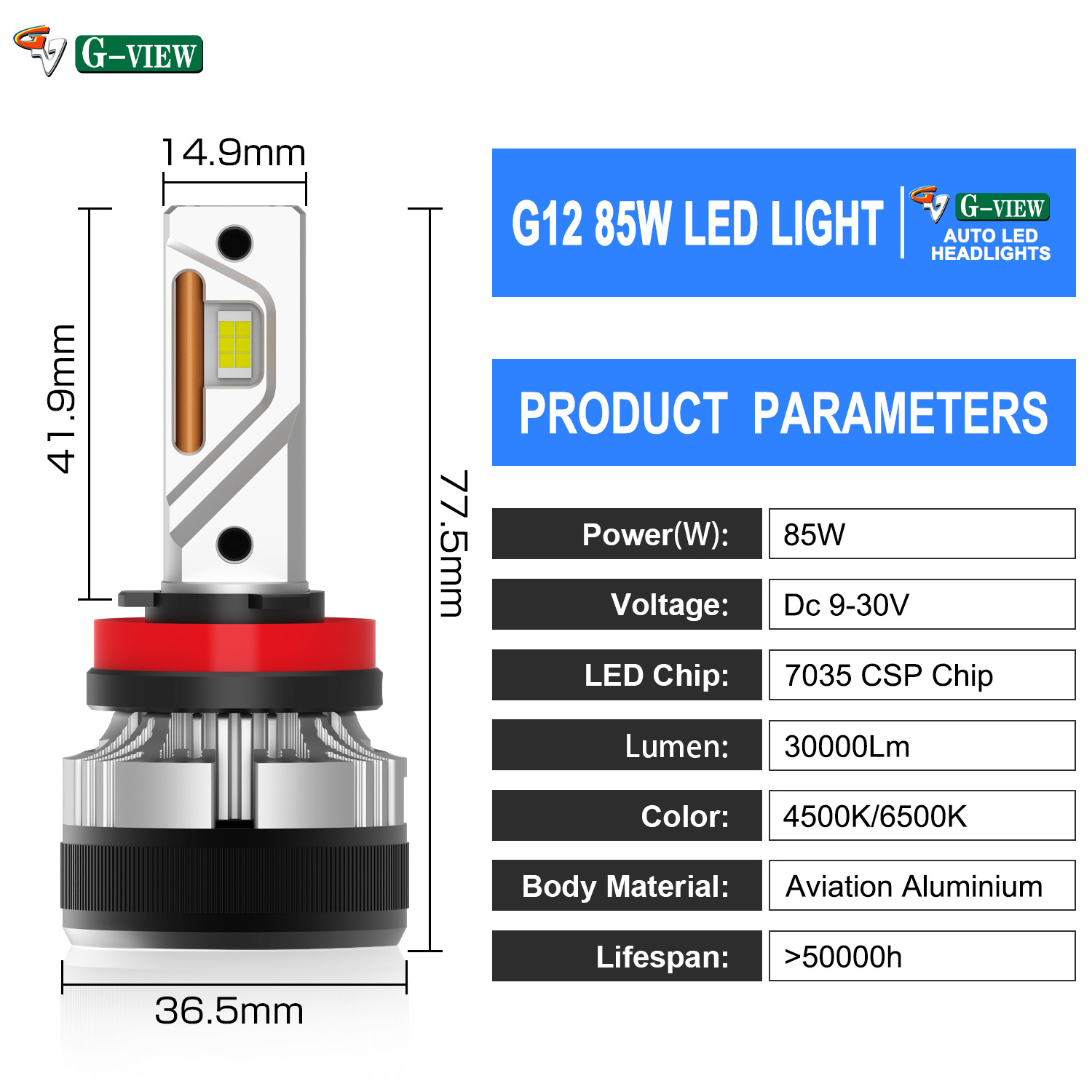 Gview G12W LED Car Lights H8 LED Bulb Moto Auto Lighting Headlight 30000LM H9 LED Bulbs for LED H11