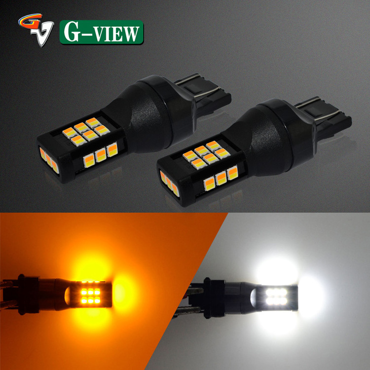 Gview hot selling switch back led bulb 7443 CK dual color 21SMD 2835 white amber led light car