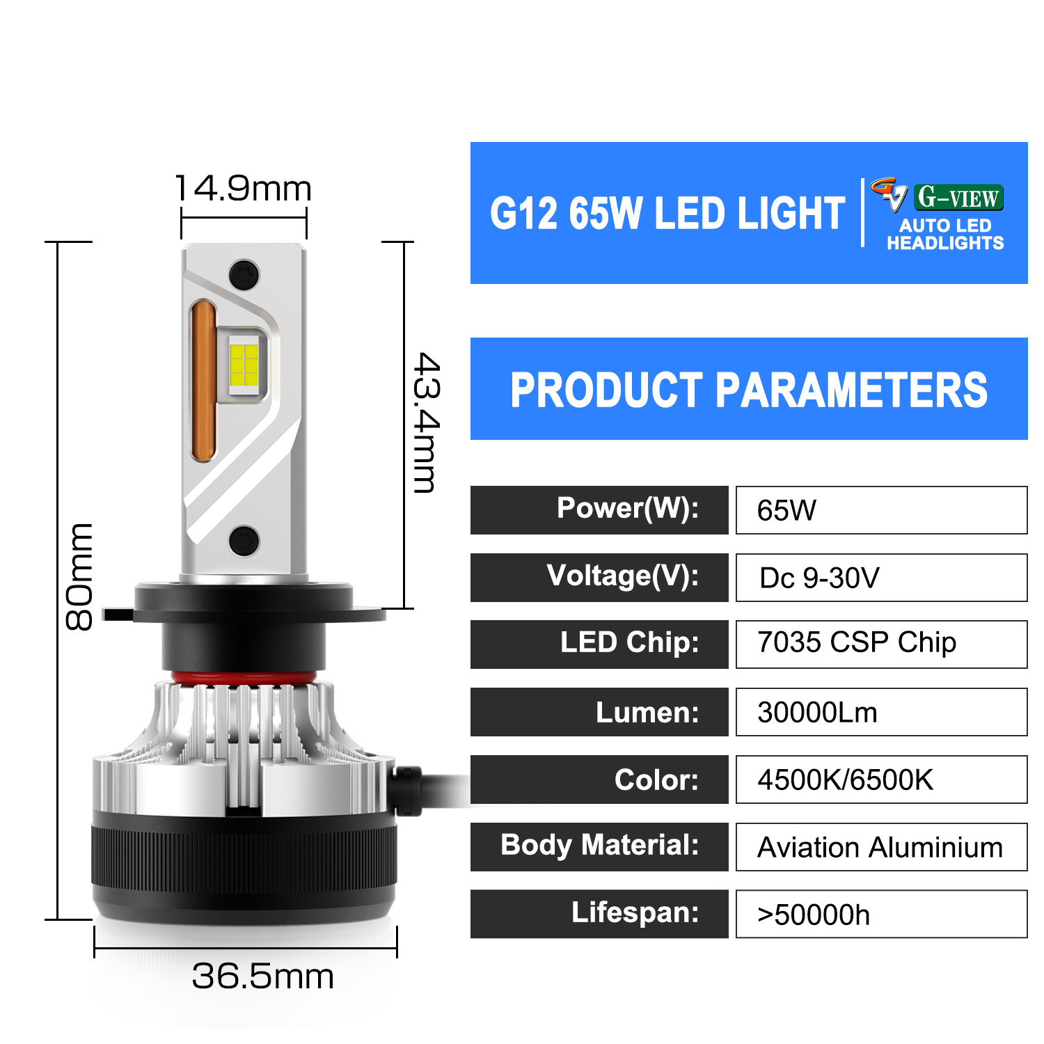 Gview Factory  auto led  bulbs G12W 30000lm 130w h13 h1 h7 9005 9006 H11 H18 car led light motorcycle bulb h7 led headlight