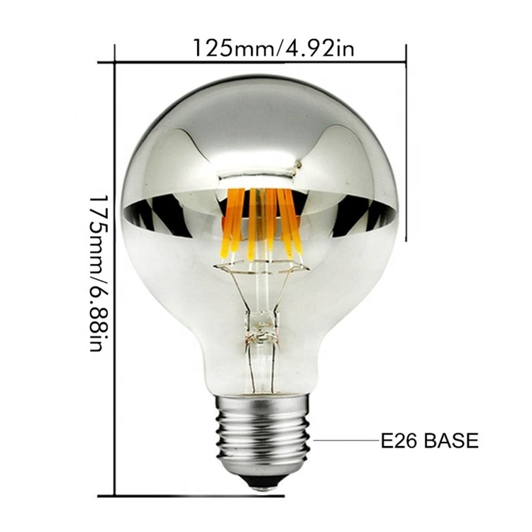 60 Watt Equivalent G125 E26 Based LED Filament Vintage Dimmable Bulb with Mirror Half Chrome Silver Globe Lamp