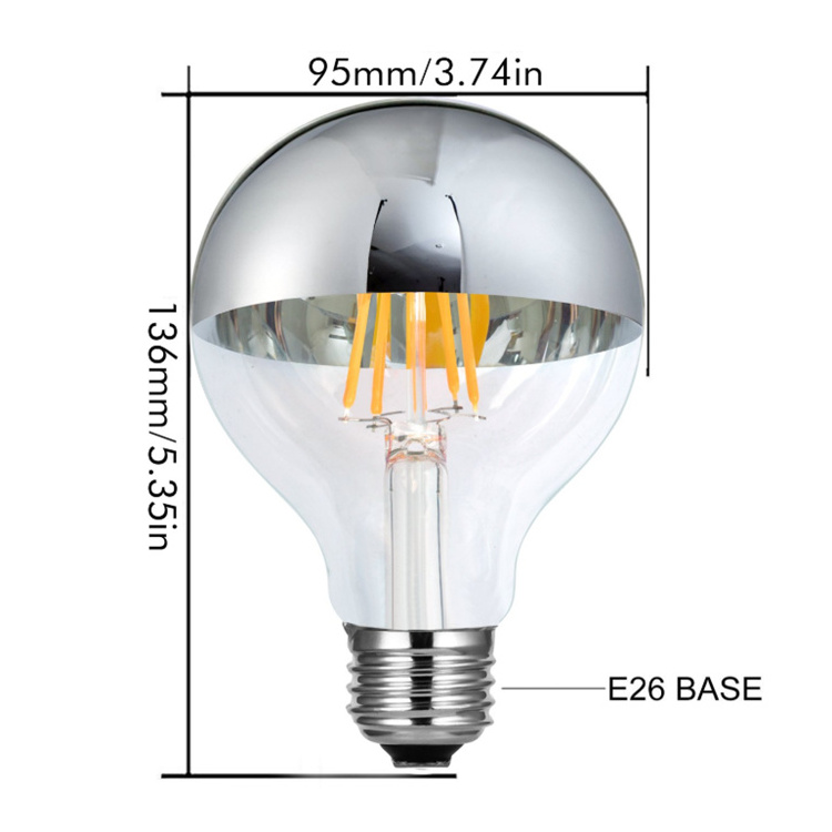 G100power Half Chrome Silver Shape Bulb E26 Medium Base Lamp G95 Globe Shape 360 Degree Beam angle