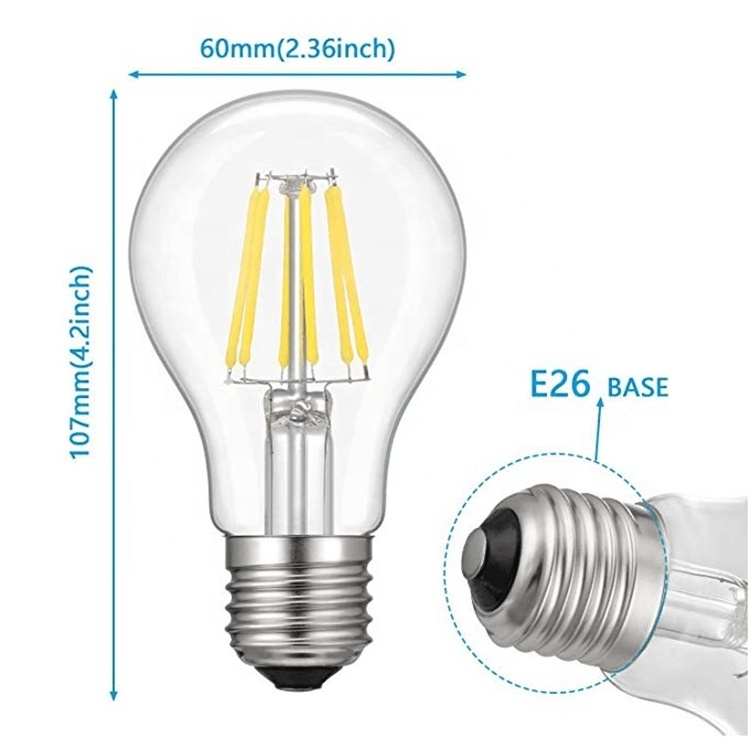 High Efficiency Edison Style Filament Light Bulb LED A60 6W 500LM 220Volt E27